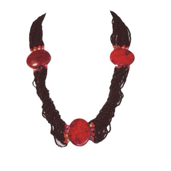 Vintage Jewelry - Vintage Beaded Statement Necklace Red Black Tribal Seed Beads Chunky Plastic Sto